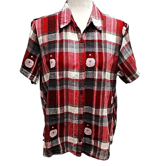 Holiday Editions Womens Button Front Collar Santa Claus Short Sleeve Top Size XL - Picture 5 of 10
